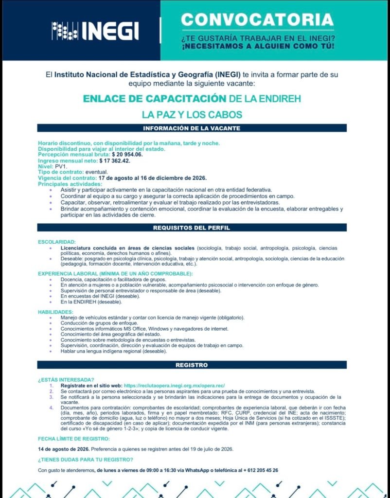 Abren vacante del INEGI para profesionistas en ciencias sociales de Los Cabos