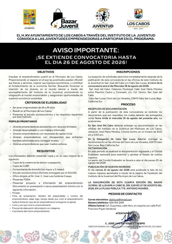 Amplían periodo de registro para participar en la cuarta edición del Bazar Juvenil en Los Cabos