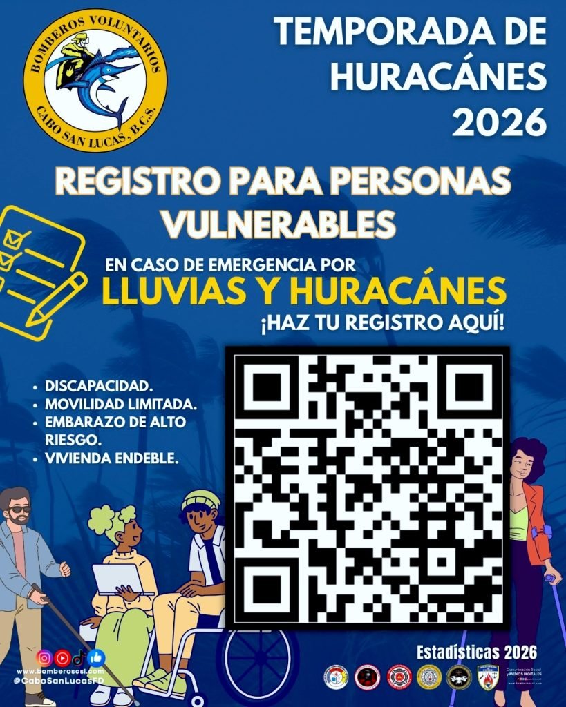 Bomberos de Cabo San Lucas convocan a registro de personas vulnerables ante temporada de lluvias y ciclones.