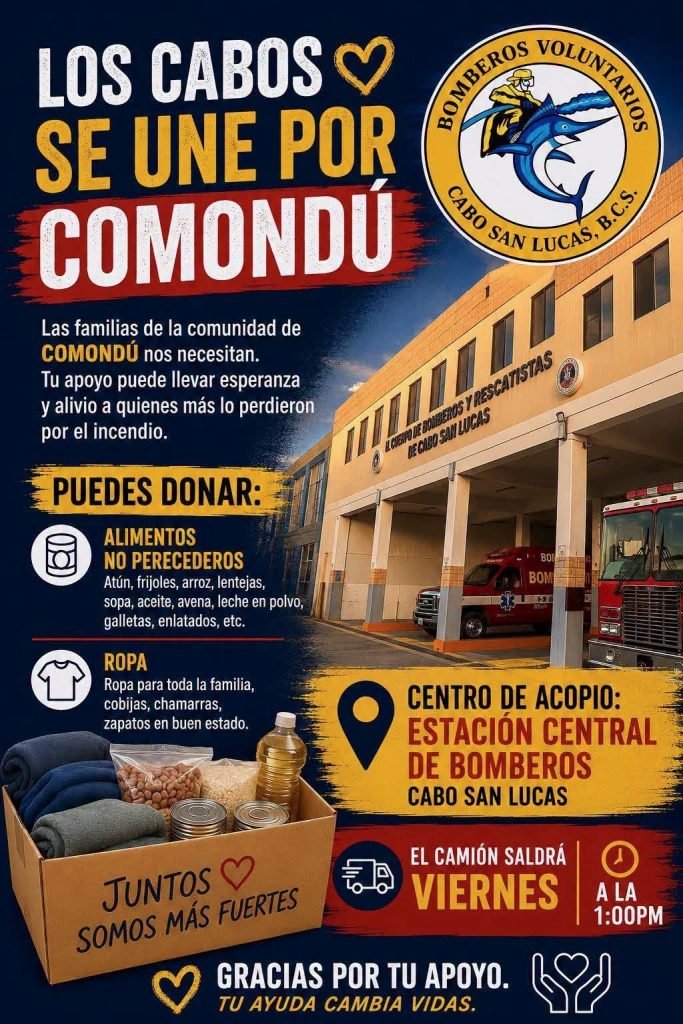 Bomberos de Cabo San Lucas envía 3 vehículos con equipo y 9 elementos operativos para apoyar en la emergencia en Comondú