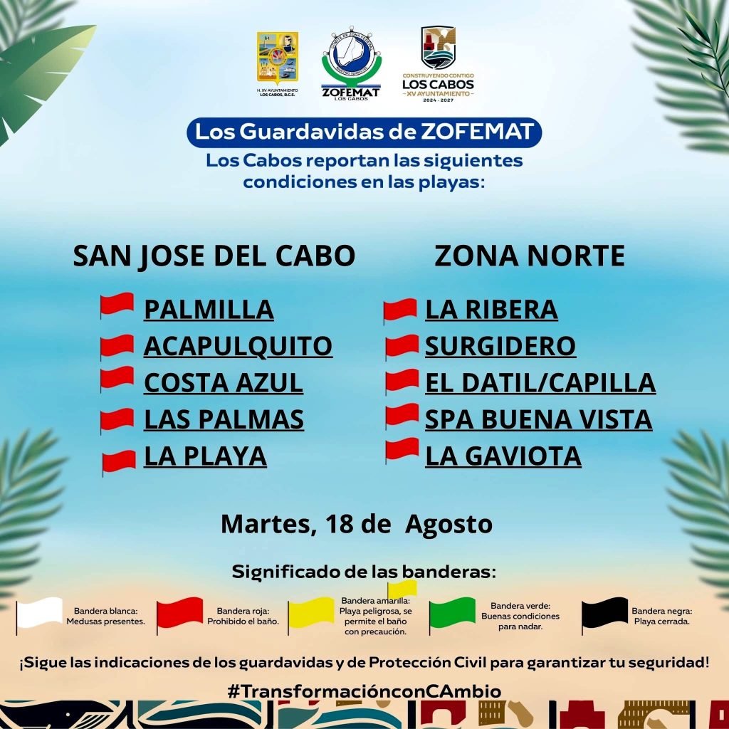 Colocan bandera roja en playas de Los Cabos por condiciones del mar