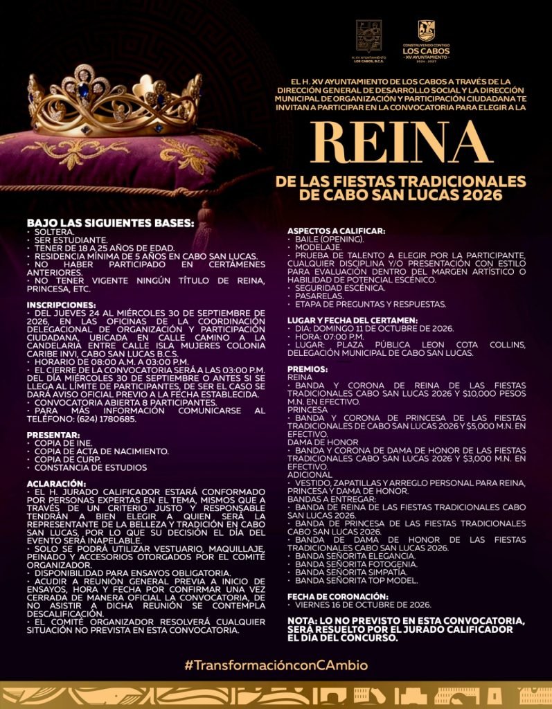 Convoca XV Ayuntamiento a participar en la elección de Reina de las Fiestas Tradicionales Cabo San Lucas 2026