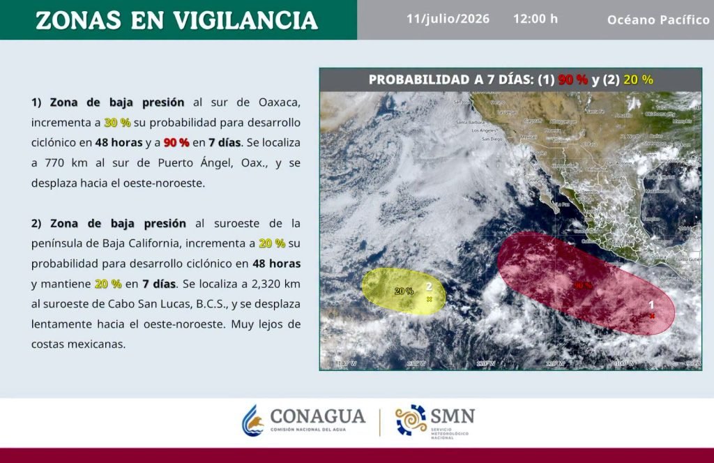Gobierno de Los Cabos mantiene monitoreo permanente de dos zonas de baja presión en el Pacífico Mexicano
