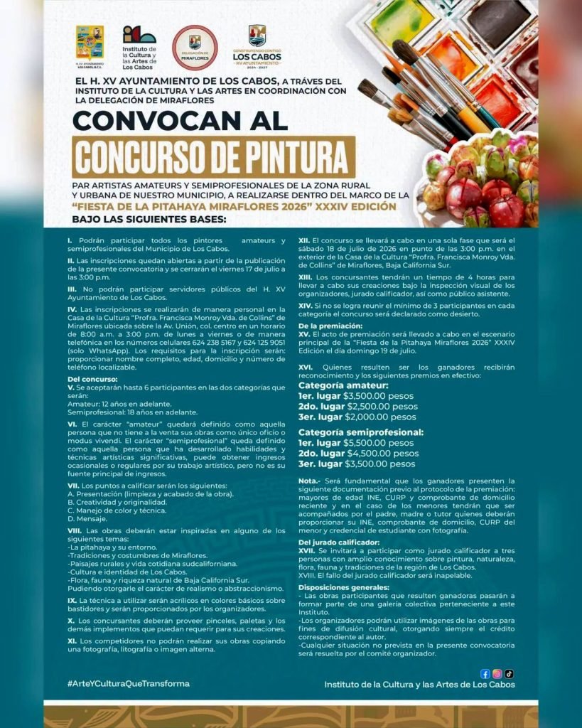 ICA Los Cabos invita a partiripar en el Concurso de Pintura de la Fiesta de la Pitahaya Miraflores 2026