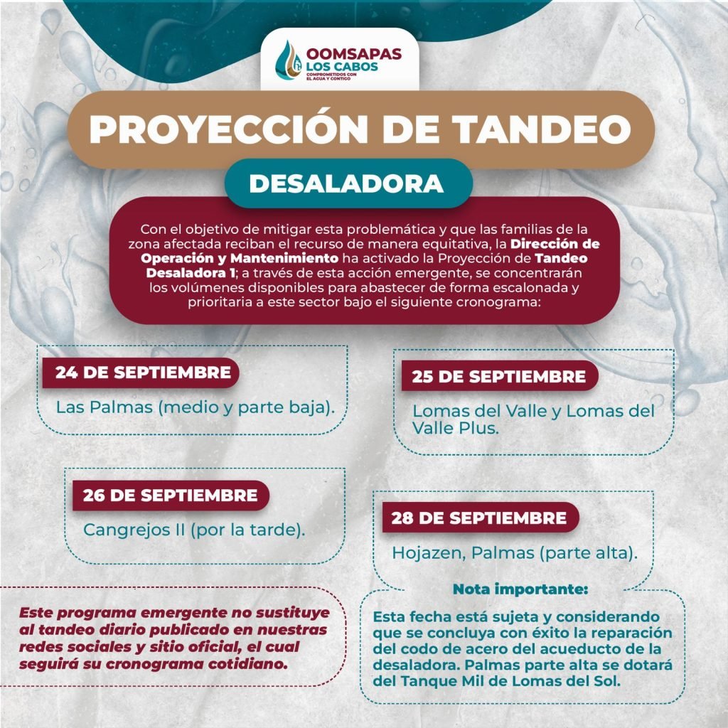 Implementa OOMSAPAS Los Cabos Programa Emergente de Tandeo a Colonias que son abastecidas por la Desaladora 1