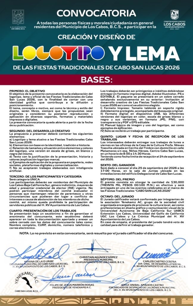 Lanza Ayuntamiento de Los Cabos convocatoria para logotipo y lema de Fiestas Tradicionales Cabo San Lucas 2026